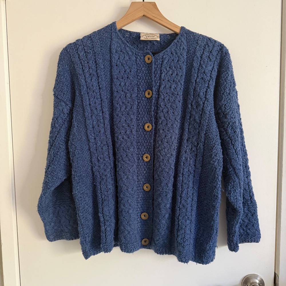 Carraig Donn Blue Knit Cardigan Sweater 100% Pure New Wool Granolagirl Cottage
